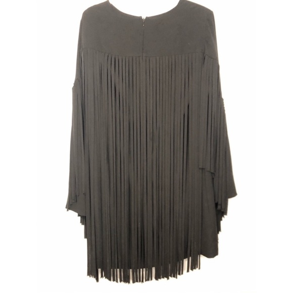 DKNY Fringe Shift Dress Black Crepe Long Sleeve 8 - Picture 7 of 11